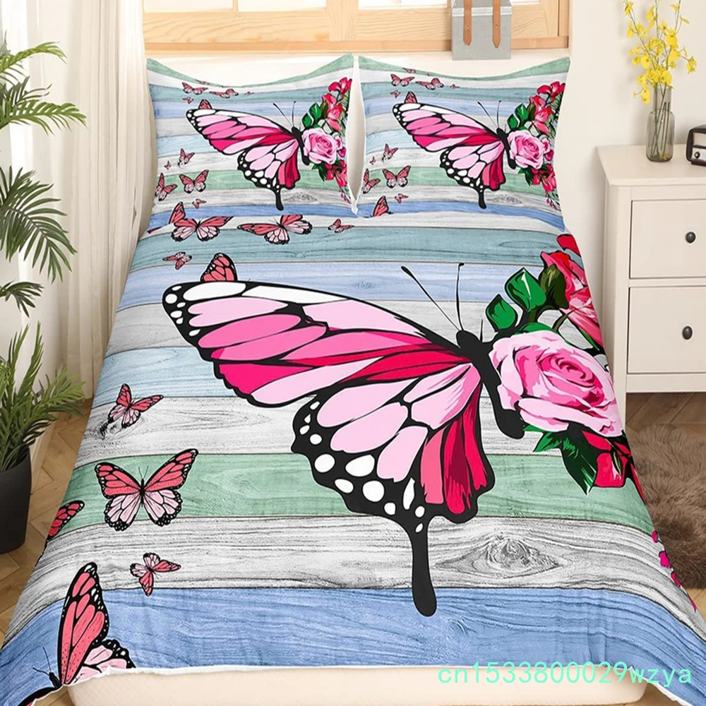 Rustic Farmhouse Wood Door Print Comforter Cover Butterfly Theme Duvet Cover,Girl Women Pink Rose Flower Bedding Set For Bedroom