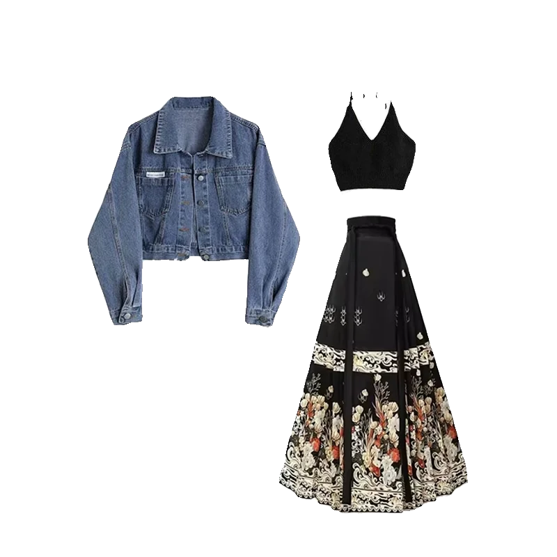 New Chinese Style National Trend Improved  Tailed Skirt Women's Spring 2026 New Match Retro Short Denim Jacket Inner Vest