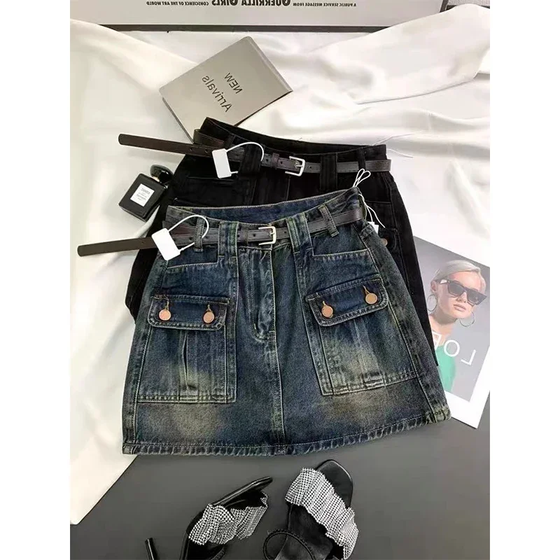 MEXZT Cargo Denim Mini Skirt Women Vintage Black Hip Wrap Jeans Skirts Streetwear Korean High Waist Slim Design A Line Faldas