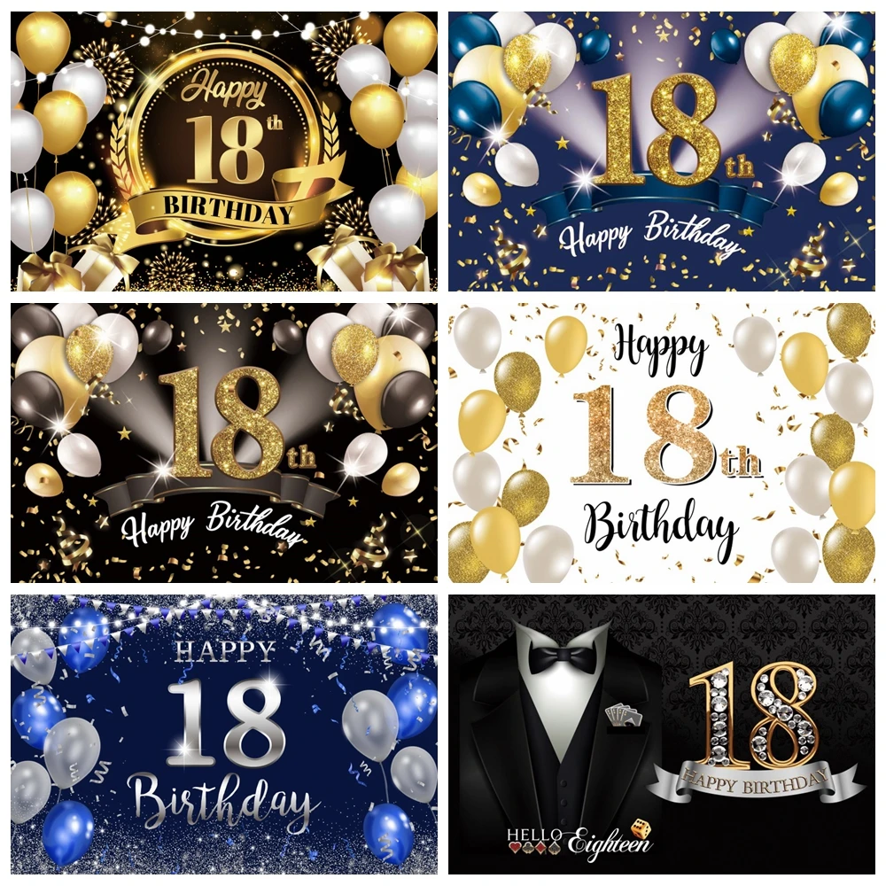 

18 Years Old Birthday Party Backdrop Black Gold Glitter Balloon Boys Girls 18th Birthday Bar Mitzvah Photography Background