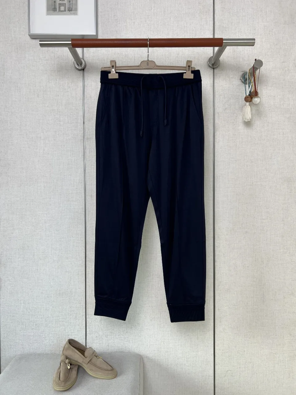 Men Casual Pants Polyester Tencel Wool Blend Joggers Drawstring Cuffed Sweatpants