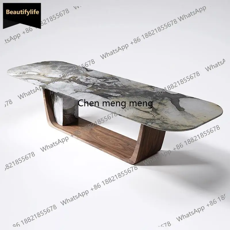 C85 Italian Minimalist Dining Table - Natural Marble Top with Walnut Base, ENF Eco-Friendly Custom Luxury Designer Table