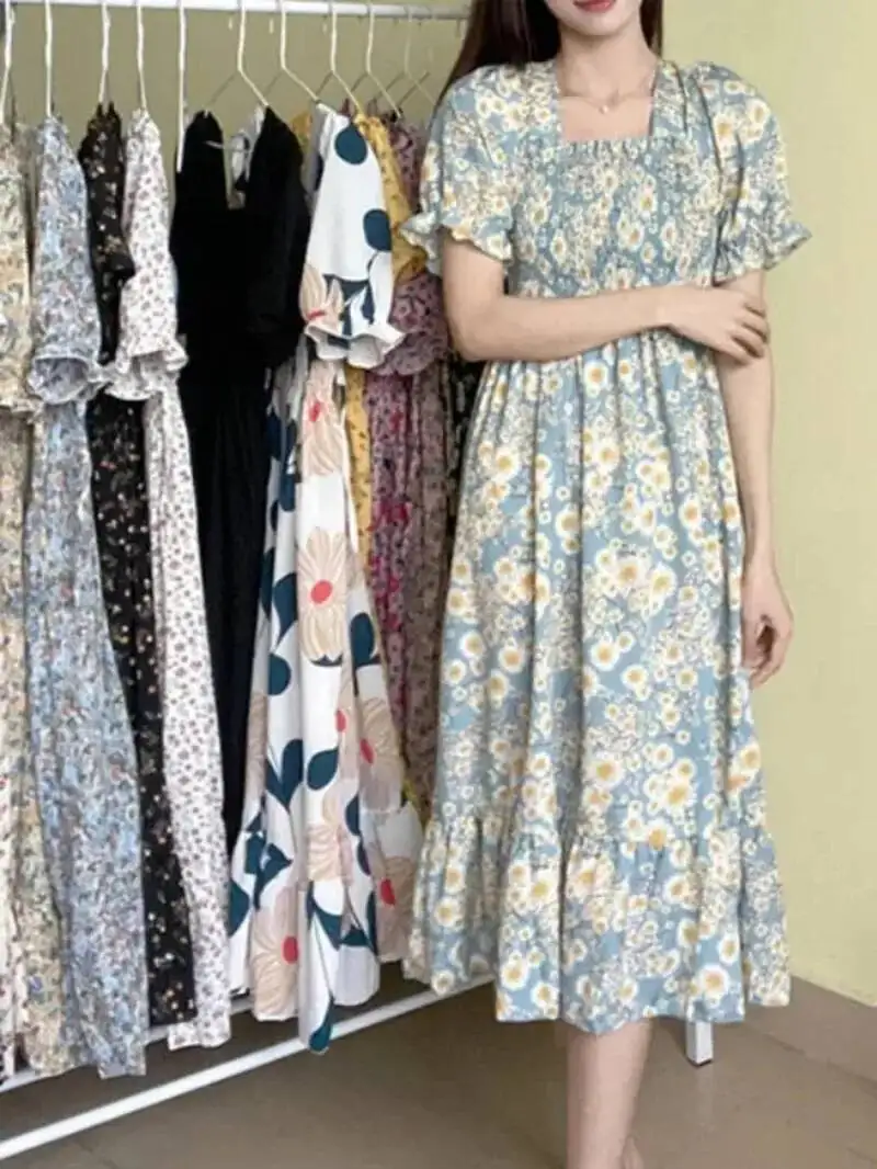 ฤดูใบไม้ผลิฤดูร้อนเอวยืดชีฟองชุดผู้หญิงชุดลำลองแฟชั่นหญิงชุดเดรสแขนสั้นจีบเอ-ไลน์เดรส 47UW