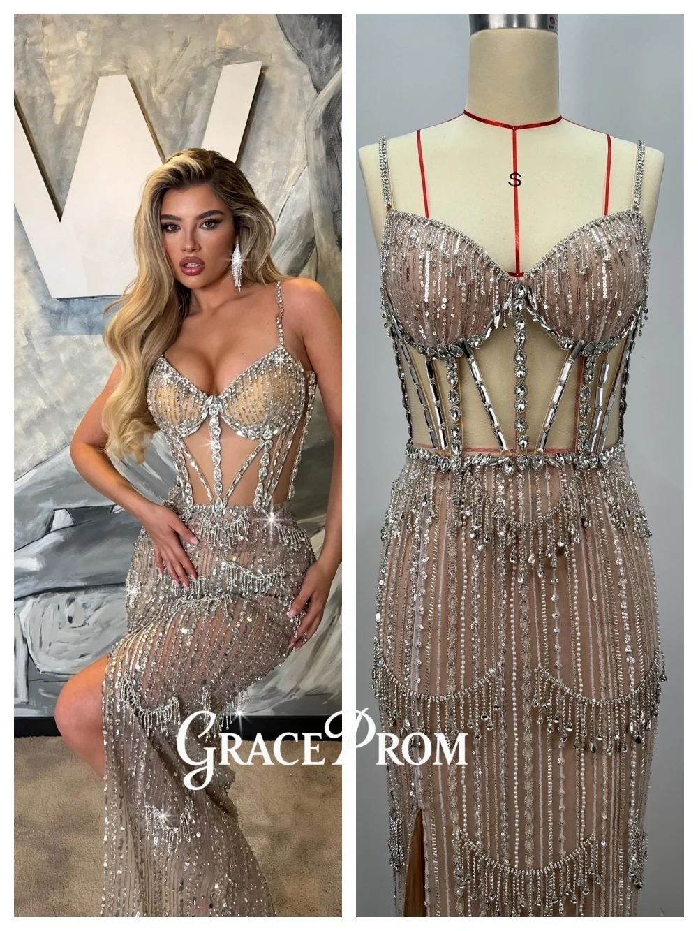 

Очаровательное вечернее платье GraceProm с высоким разрезом 2026, блестящее ковровое платье с бисером, стильное вечернее платье длиной до пола