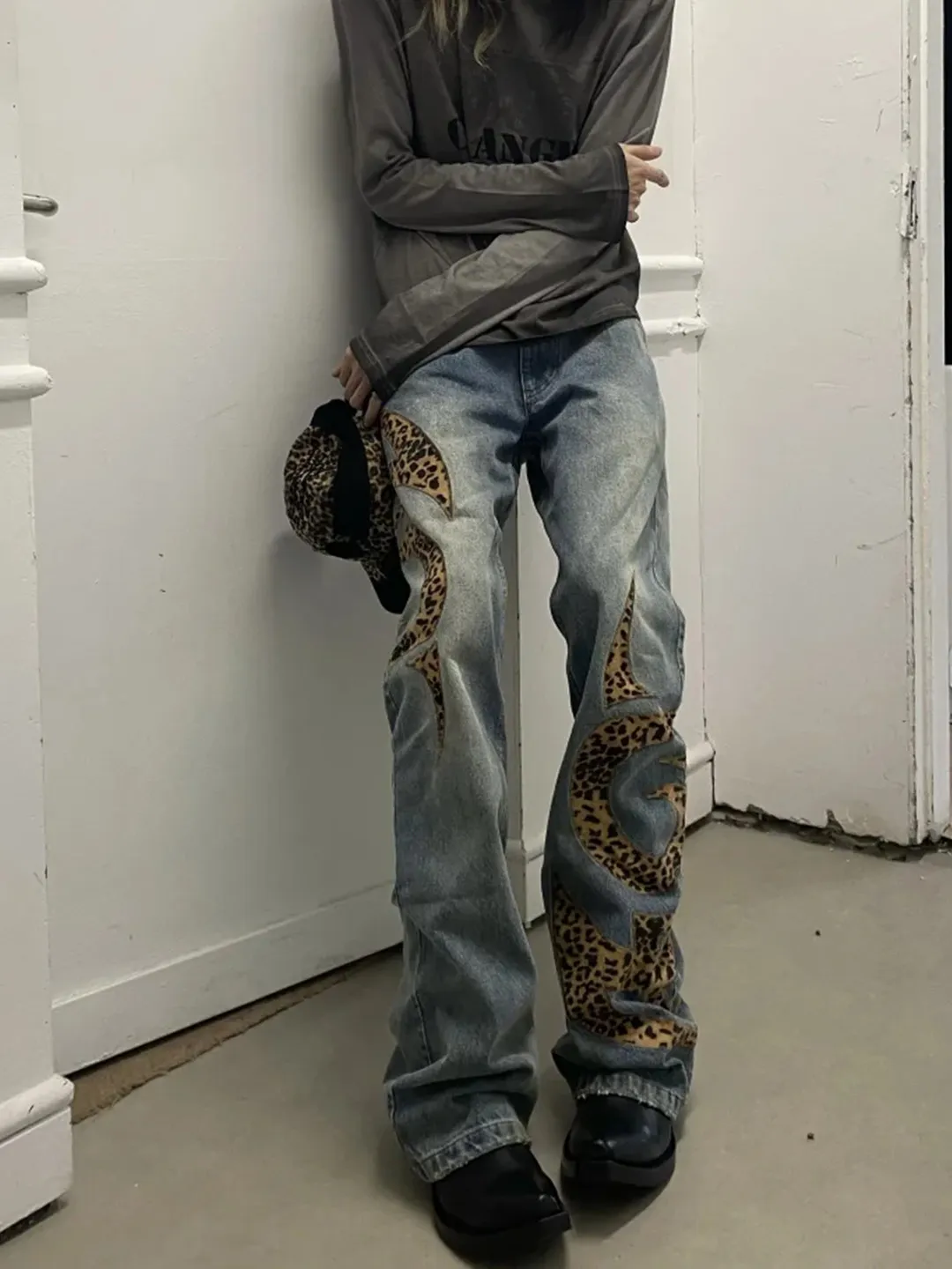 Women's Leopard Print Patchwork Flare Jeans Washed Design Slim Fit Skinny Bootcut Long Denim Pants Streetwear Casual Trousers
