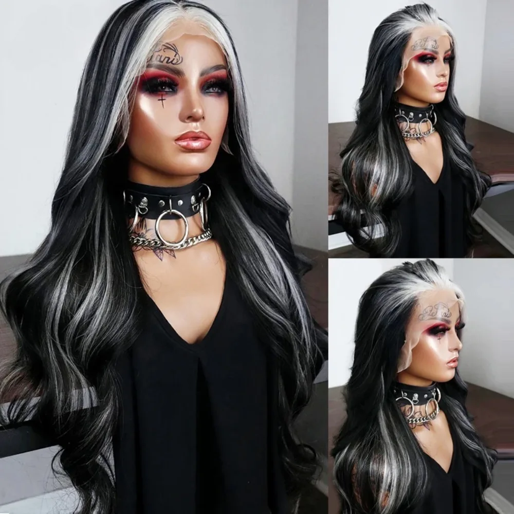 200% Density Ombre White Body Wavy HD Lace Wigs 13x4 Lace Front Highlight Black White Wig Pre Plucked For Women Cosplay Party