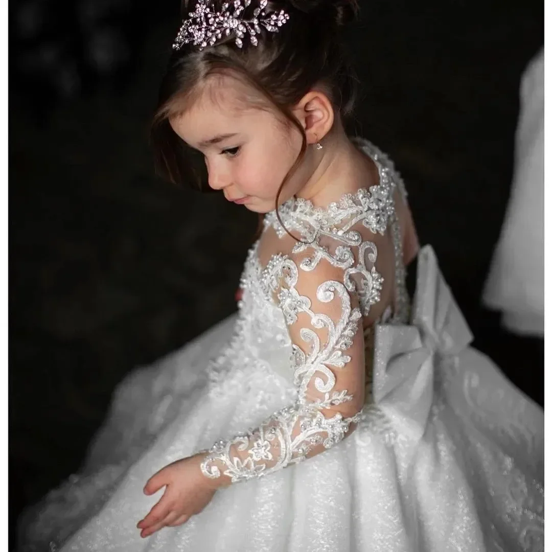 Vestido longo com arco talão para a menina, luxuoso vestido de baile, vestido da princesa, Santo Primeira Comunhão Veste, bola de aniversário,