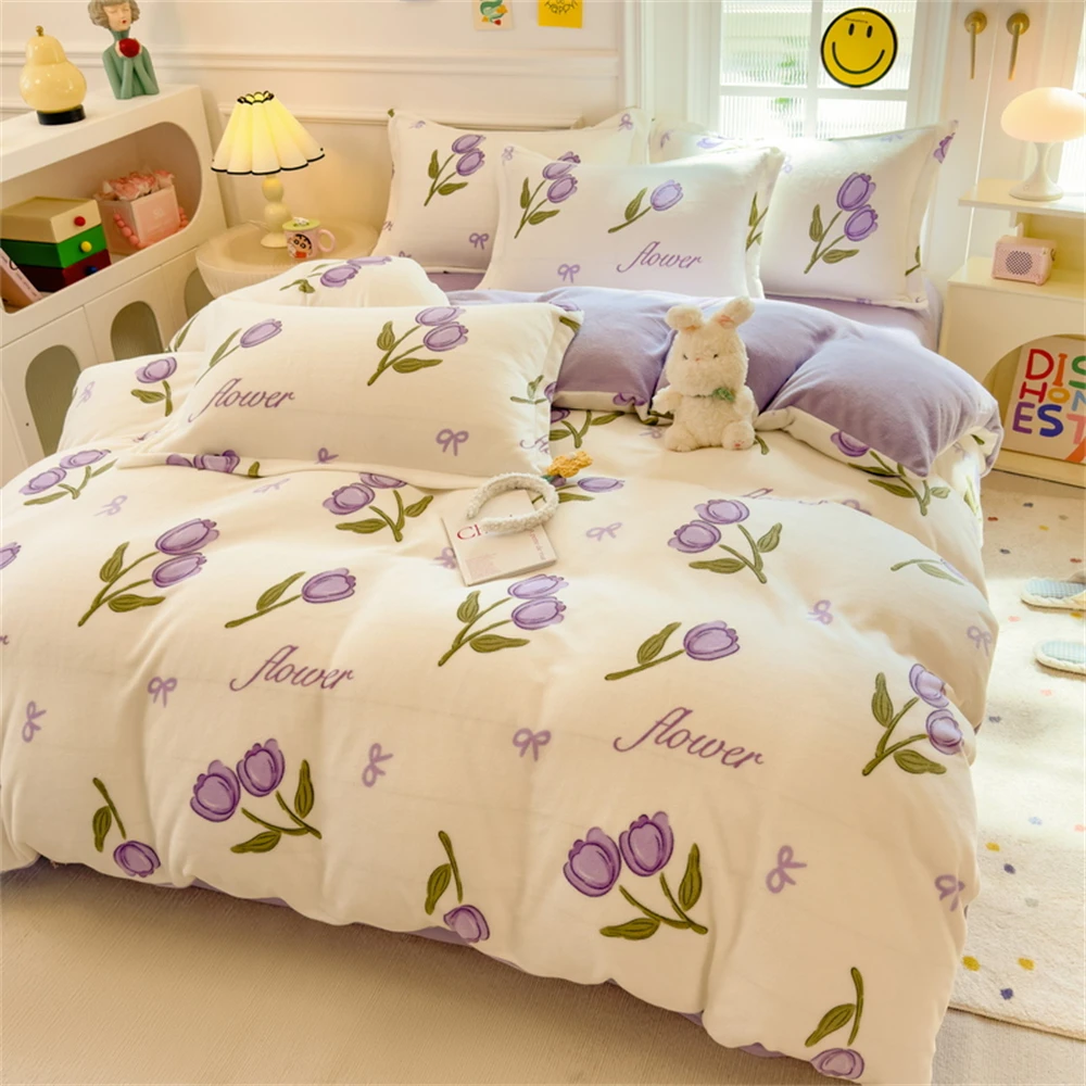 Thickened Milk Velvet Flower Print Quilt Cover Pillowcase Bed Sheet Duvet Cover Winter Bedding Set Bedroom Decor Four-Piece Sets