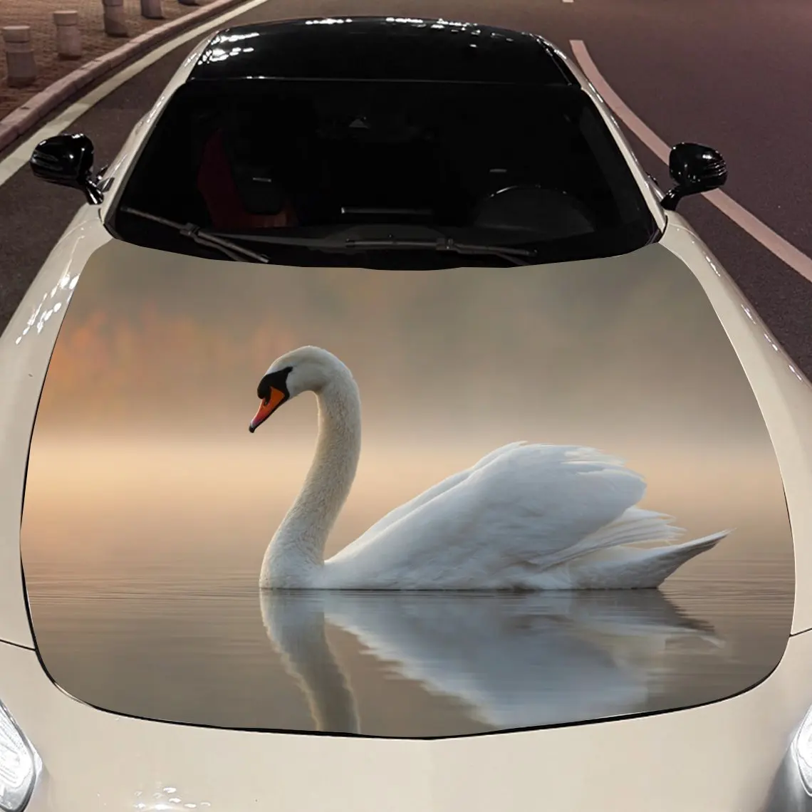 Car Decals Elegant White Swan on Misty Water Car Hood Sticker, Waterproof Self - Adhesive Vinyl Graphics Decals, Decorative Prot