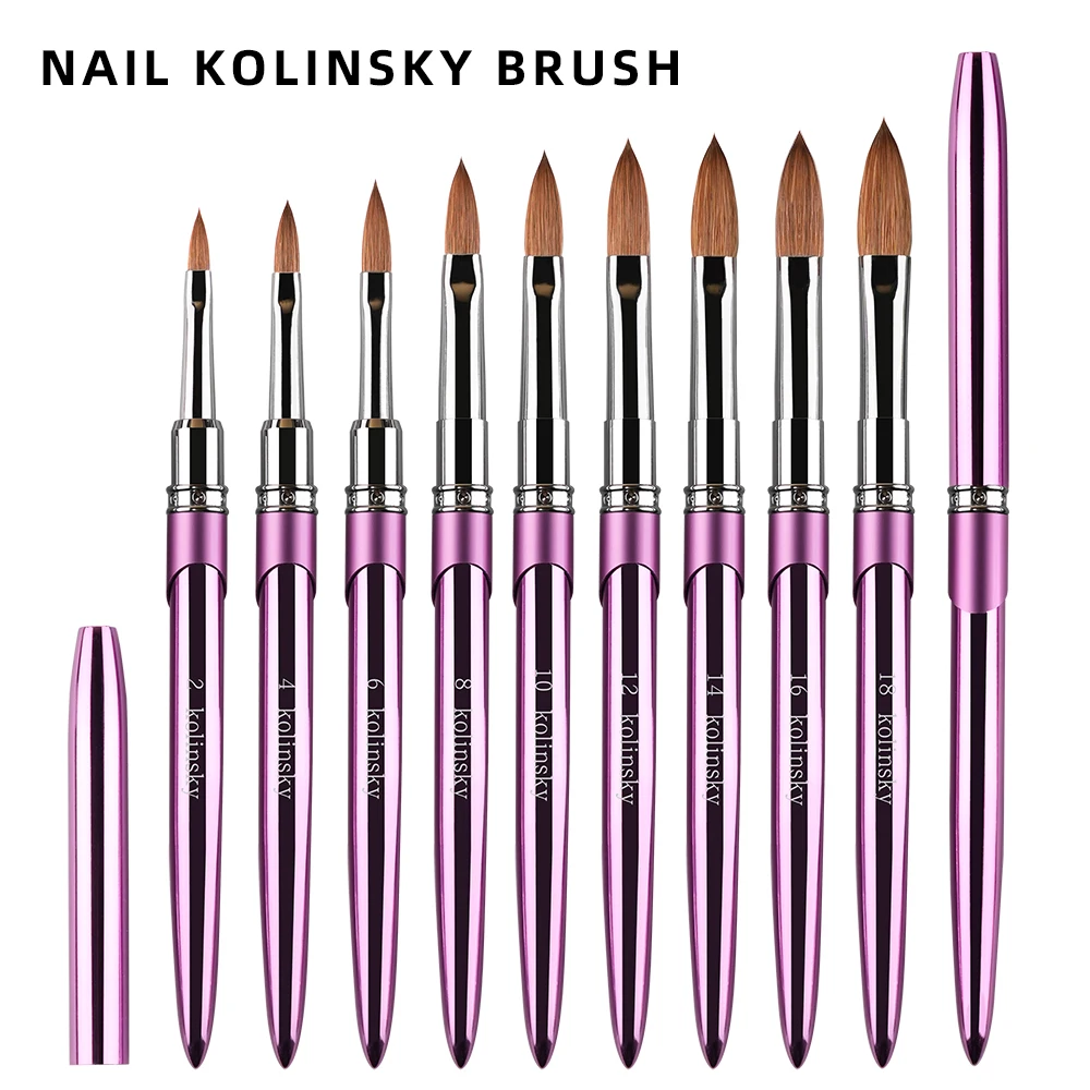 Professionele 100% Kolinsky Nail Art Brush Roze Paars Handvat Koperen Metalen Tekenpen voor Acryl Poeder Nail Tool Maat 2 # -18 #