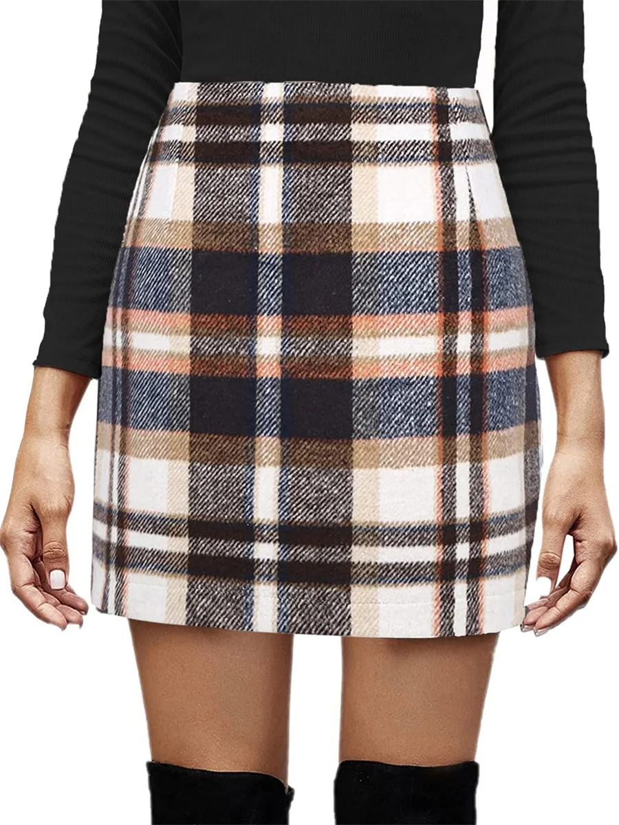 

Womens High Waist Plaid Skirt Bodycon Pencil Wool Short Skirt Tartan Checked Bodycon Mini Skirts for Work Office School