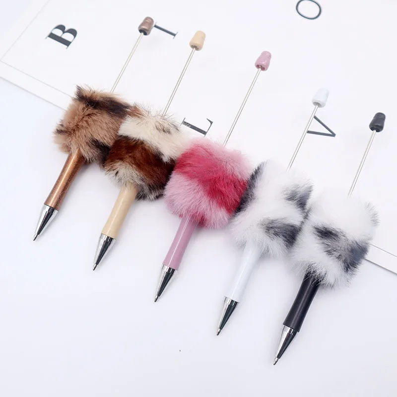 5Pcs Leopard Print Plush Beaded Pen Bead DIY Plastic Beadable Bead School Office Writing Supplies Stationery