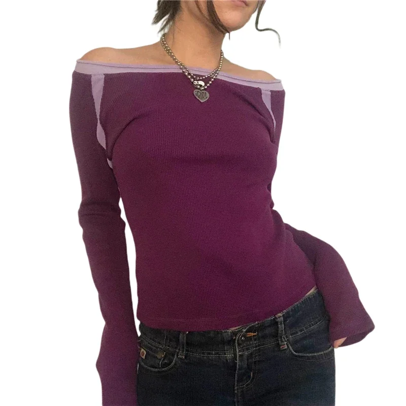 

Vintage Aesthetics Patchwork Off-the-shoulder Long Sleeve T-shirt Female Fairy Grunge Casual Streetwear