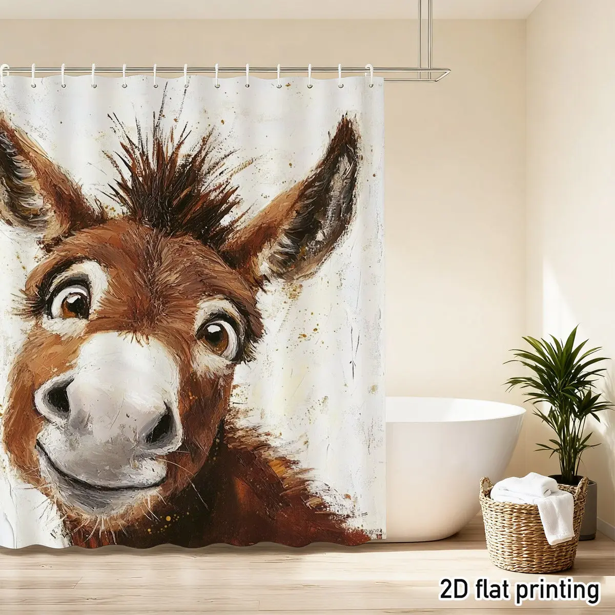 Playful Smiling Donkey Shower Curtain Artistic Animal Portrait Cream Background Farmhouse Bathroom Decor