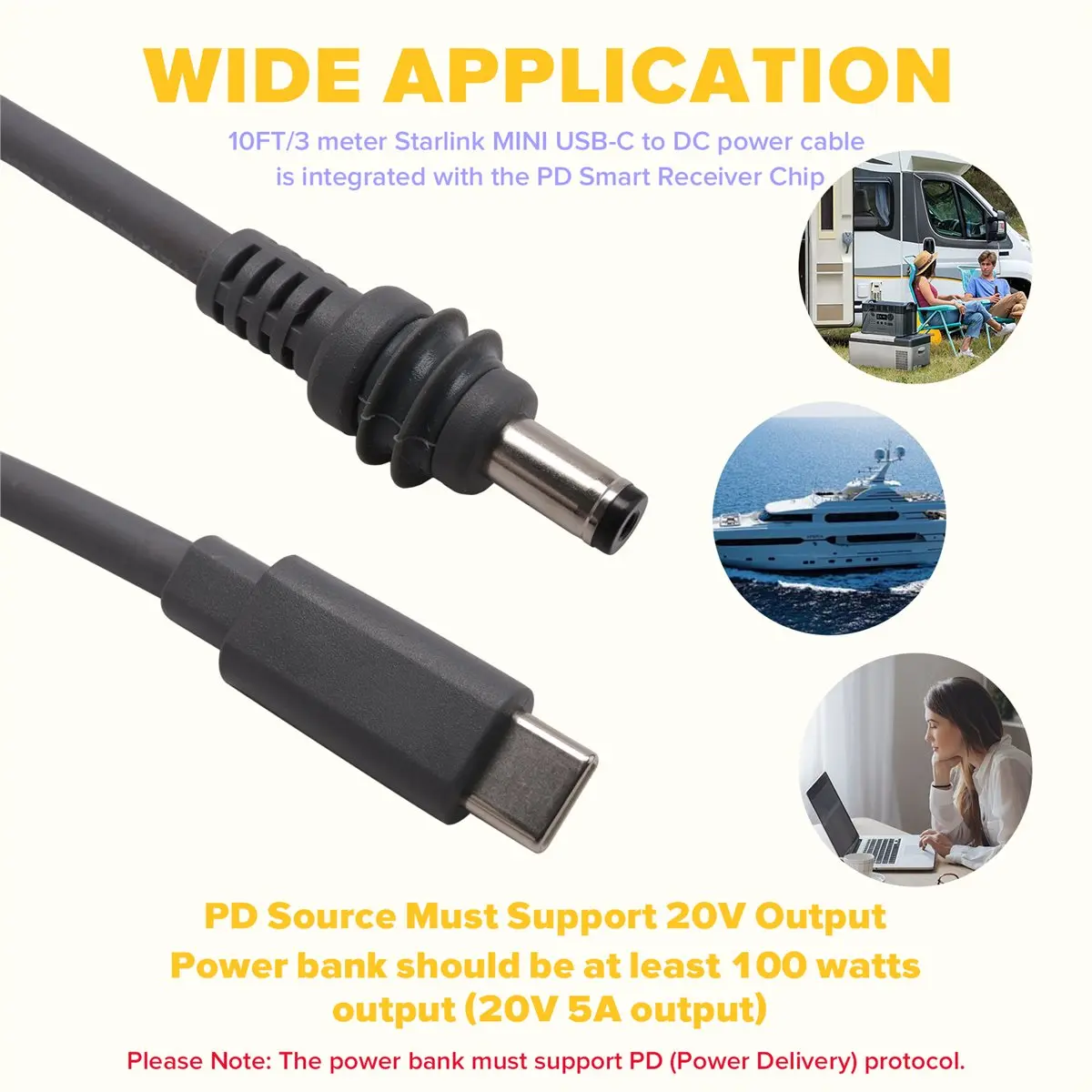newT77 For Starlink Mini Cable 10FT Starlink Mini USB C to DC Power Cable Cord 100W Input USB Type C to DC Cable, 18AWG 3meter