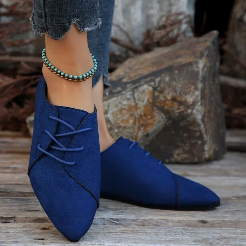 Fashion Pointed Shoes Female Shoes Daily Casual Shoes Classics Black Lace-Up Comfortable Flats Women\'s Flat Shoes 2024 Autumn