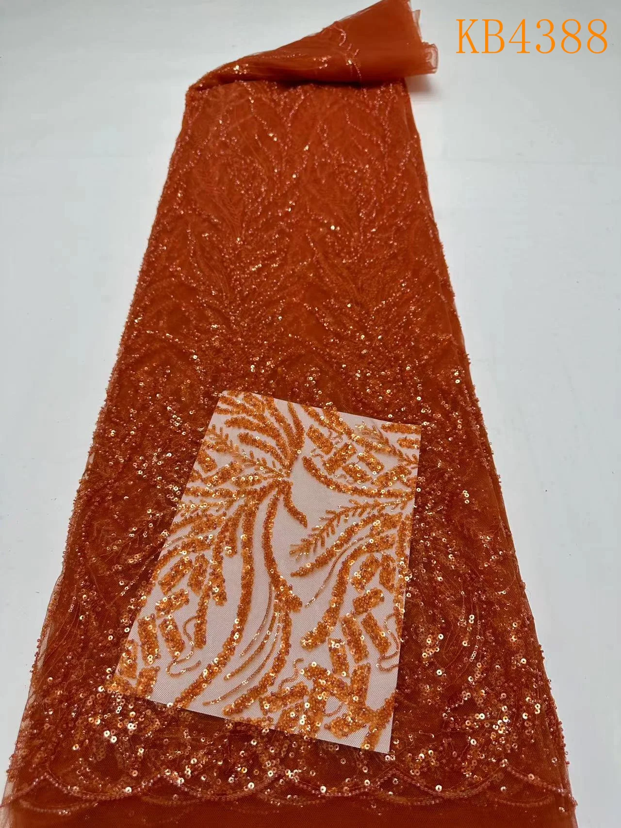 African Sequence Lace Fabric Latest Lace Fabric High Quality 2024 Orange Sequins Embroidery Lace French Mesh For Sewing KB4388