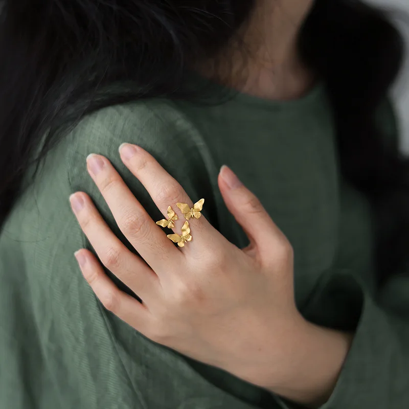 Thin Open Band With Brushed Tri Butterfly Big Cocktail Ring Women Golden Silver Color Fashion Elegant Statement Rings Party Gift