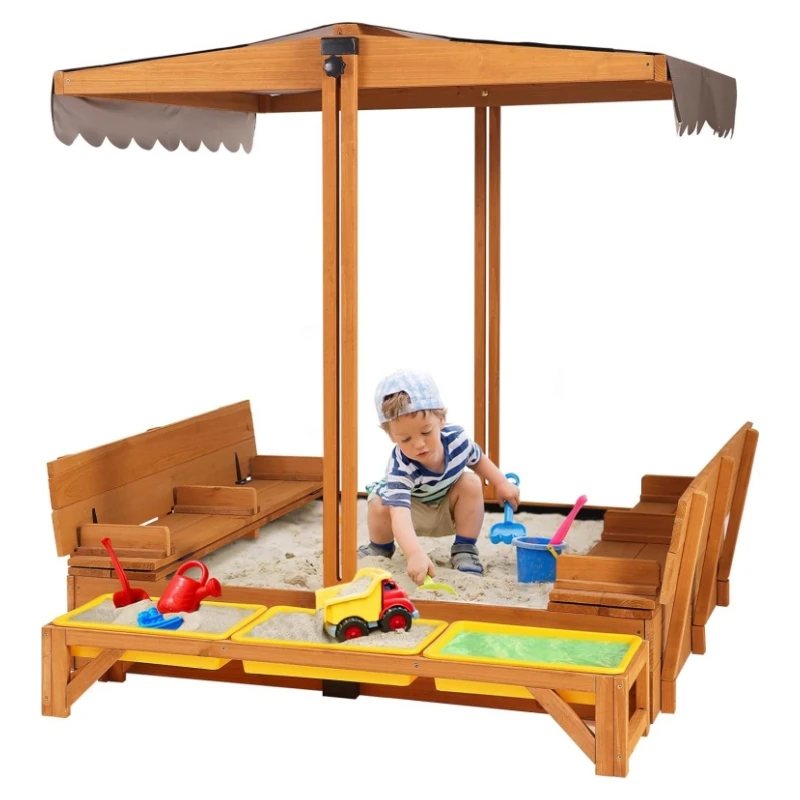 

# Hot Backyard Chair Bench Seat Outdoor Sandbox Furniture Kids Wooden Sand Pit Square Seated Play Sandpit With Lid Cover 3 Toy B