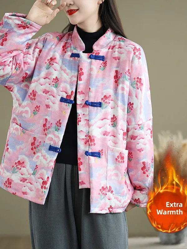 

Женское хлопковое пальто Thiened Jaet с принтом и воротником-стойкой, зимнее пальто, теплое длинное традиционное пальто с отделкой из искусственного меха