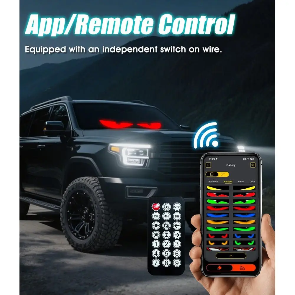 Grandi luci animate per parabrezza per SUV e camion, 35,4x7,5, schermo morbido flessibile, telecomando e controllo APP, confezione da 1