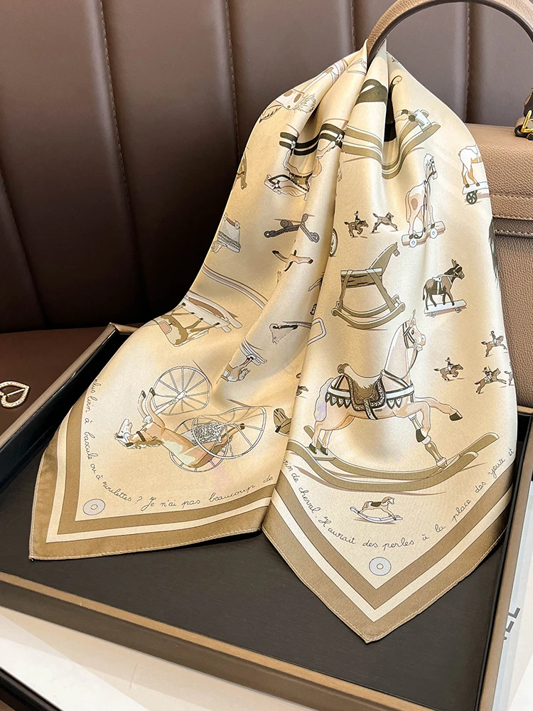 

100% Real Silk Hair Scarf for Women Horse Print Shawl Wraps Female Headband Neckerchief 70cm Hand Bag Wrist Foulard Neck Tie