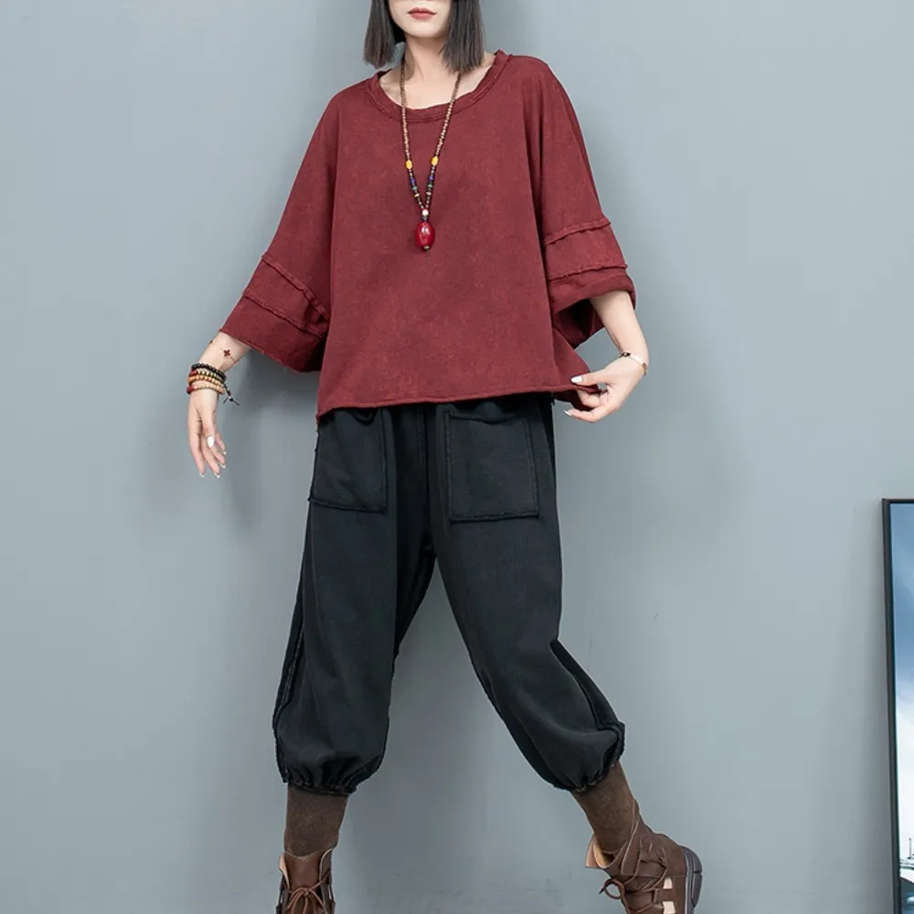 

Color Distressed Flared Sleeve Round Neck T-shirt + Small Leg Harem Pants Two-piece Set Women 2024 Spring Autumn Pant Set LX931