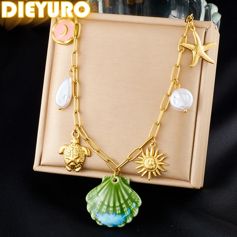 

DIEYURO 316L Stainless Steel Sea Turtle Sun Pearl Green Scallop Pendant Necklace Lady New Fashion Neck Chain Jewelry Party Gift