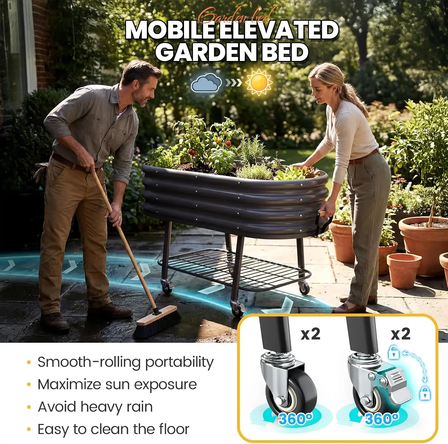 KING BIRD Large Raised Garden Bed with Legs Galvanized Elevated Planter Box 47.2x23.6x29.9 in for Backyard, Patio, Balcony, Dark