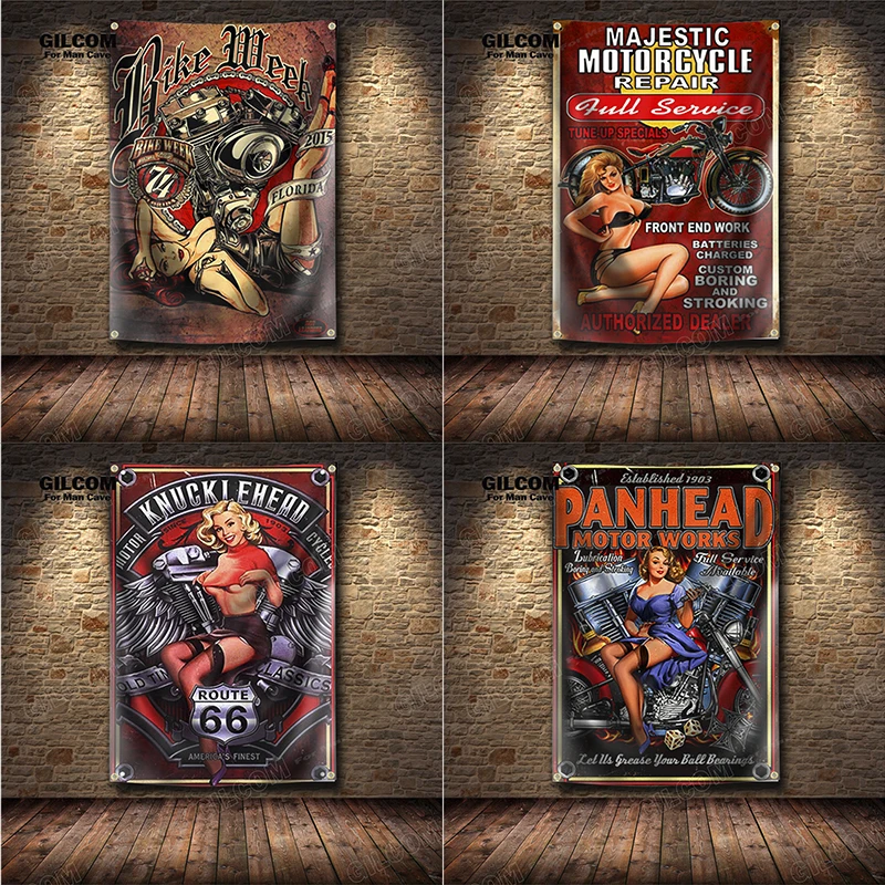 Sexy Lady Motor Works Banner Flag Motorcycle Repair Authorized Poster Wall Art Decor Advertisement  Vintage Sign Pub Club