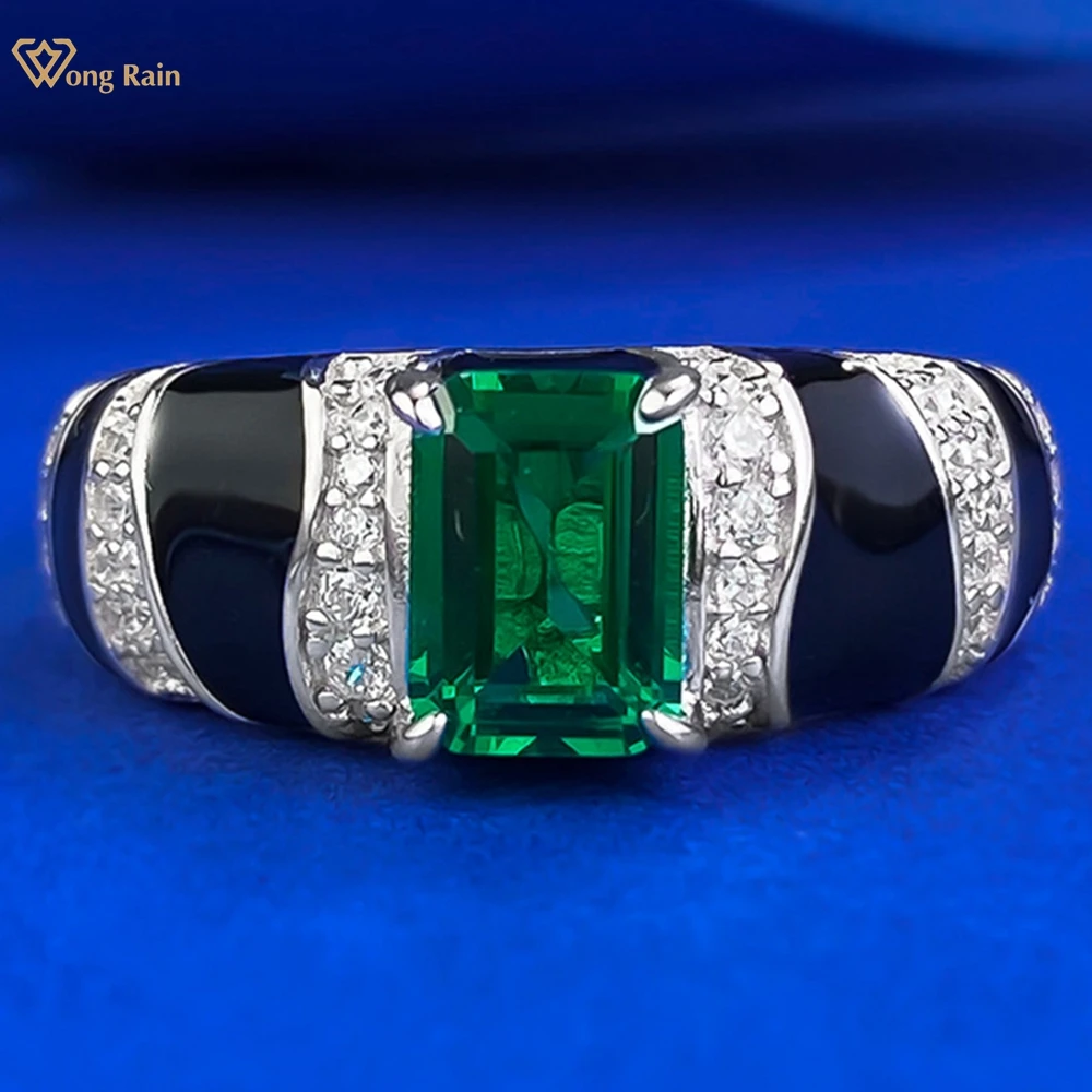 Wong Rain Vintage 925 Sterling Silver 5*7 MM Emerald High Carbon Diamond Gemstone Ring for Women Wedding Engagement Fine Jewelry