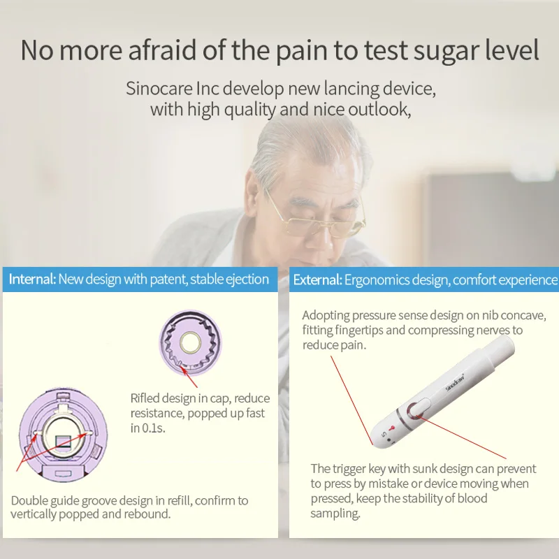 1PC Sinocare Lancing Device with Adjustable 9 Depths Settings Pen for Blood Glucose Tests