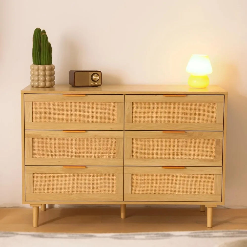 Modern 6-Drawer Double Dresser in Rattan Style with Gold Handles for Bedroom and Living Room Storage