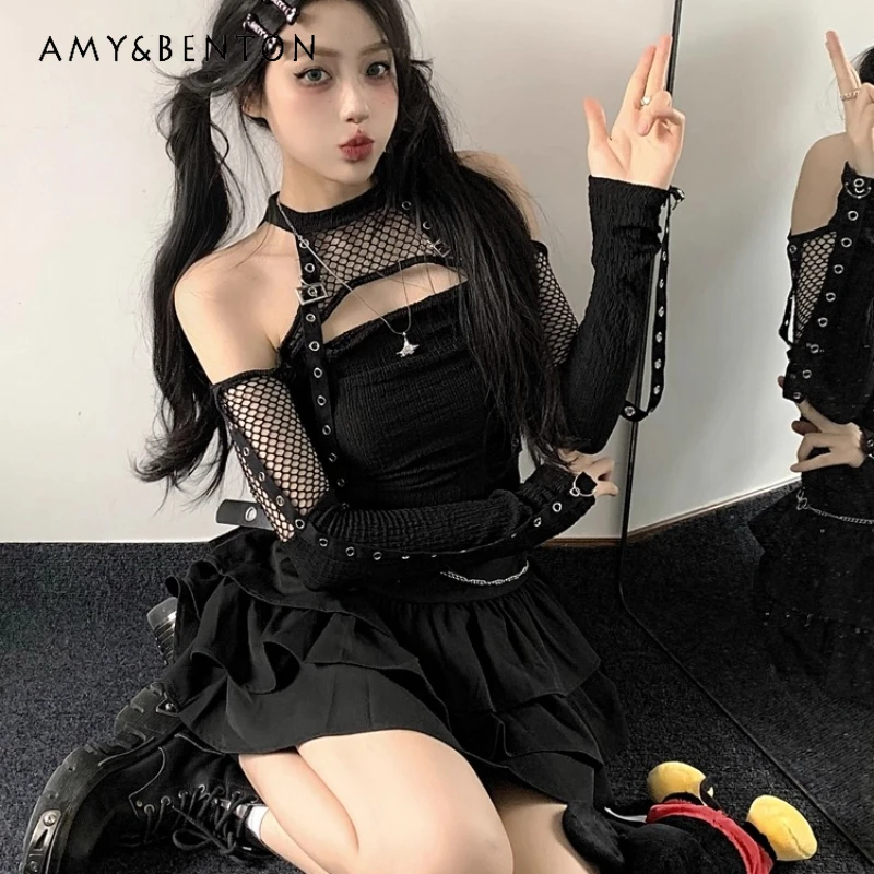 

2025 Summer Black Punk Fishnet Slimming Hot Girl T-Shirt Gothic Design Hollow Out Dark Sweet Cool Sexy Mini Skirt Set Ladies