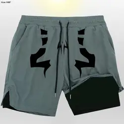 Pantalones cortos de doble cubierta 2 en 1 para hombre, ropa deportiva para entrenamiento, Yoga, gimnasio, con bolsillos, Anime, Jujutsu Kaisen