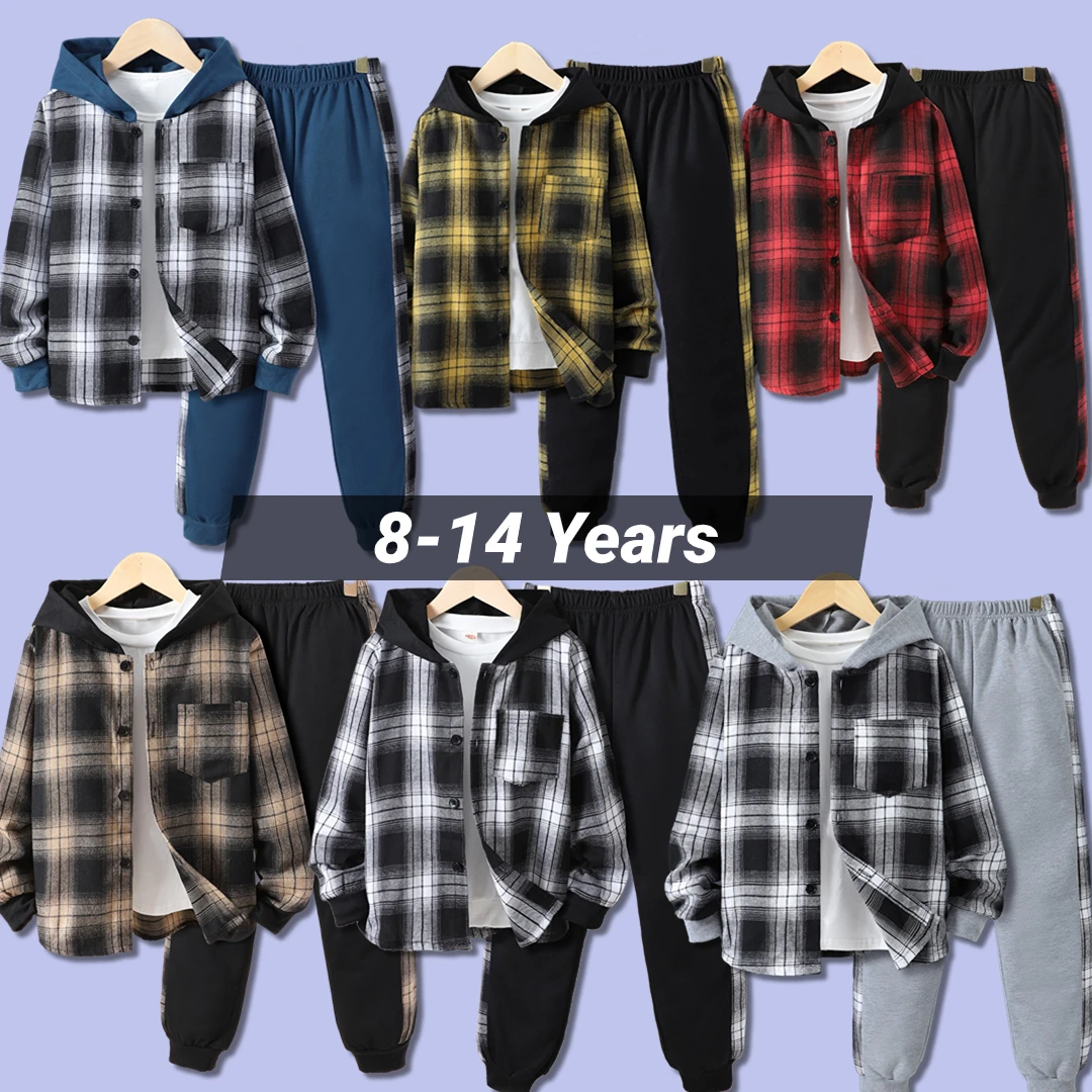 Kids Boys' Autumn Casual Checker Hoodie Set Shirt Suit Soft Ventilate Fashion Boys Suit Plaid Children's Clothing Set