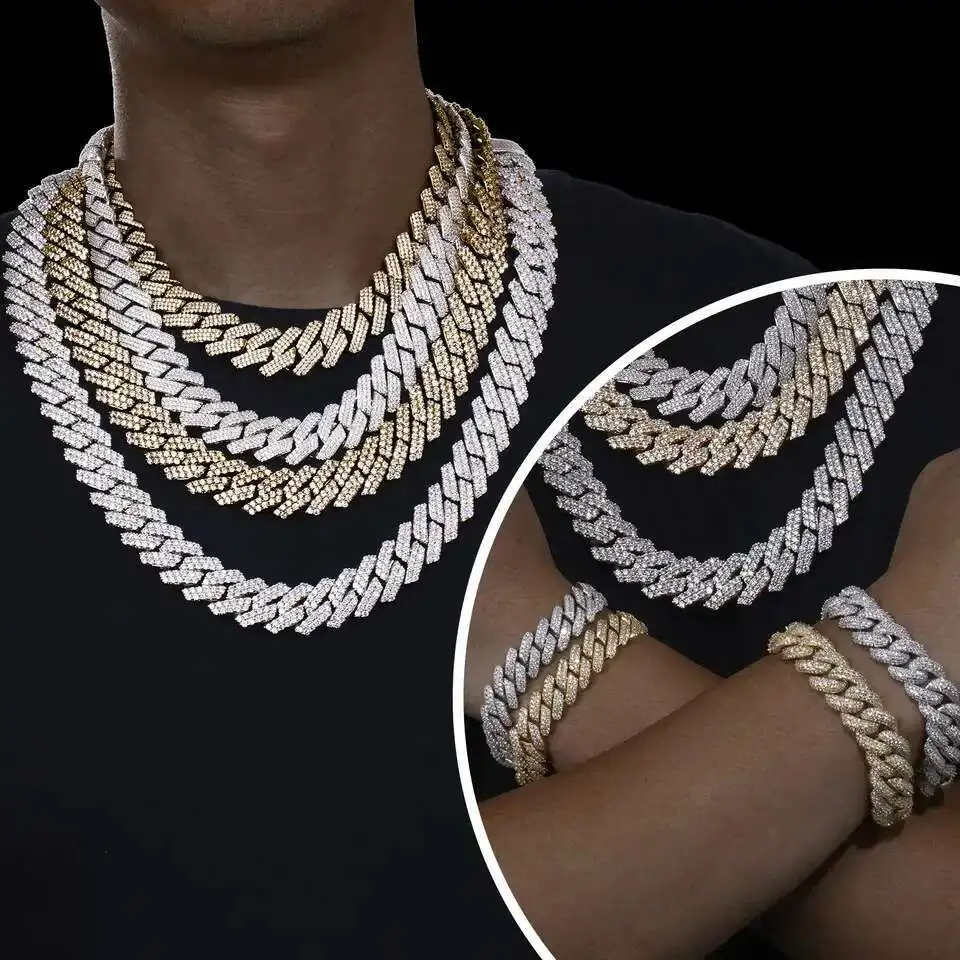 

Wholesale 12mm Cuban Link Chain Iced Out Chain Hiphop 925 Silver Men VVS Moissanite Cuban Chain
