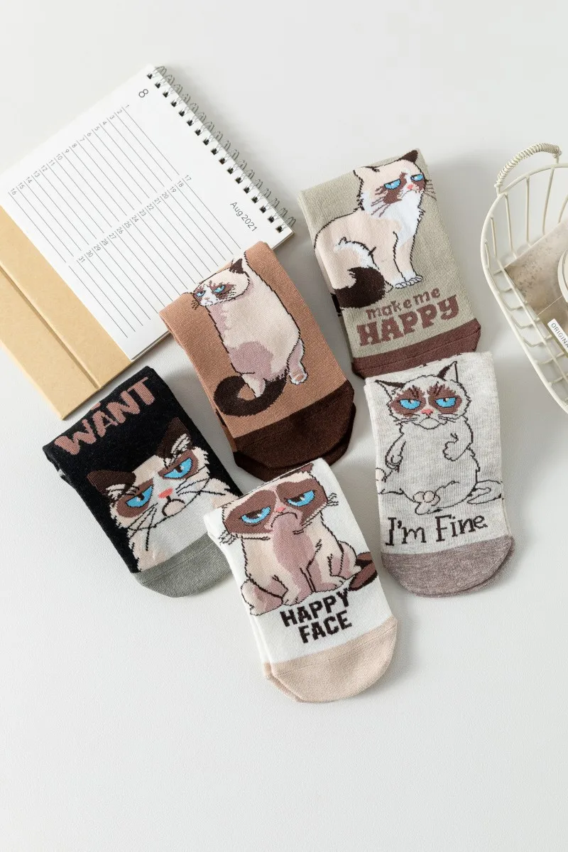 5Pairs Novelty Grumpy Cat Ankle Socks Funny Cartoon Cat Letter Print Soft Cotton Colorful Unisex Casual Fashion Short Socks