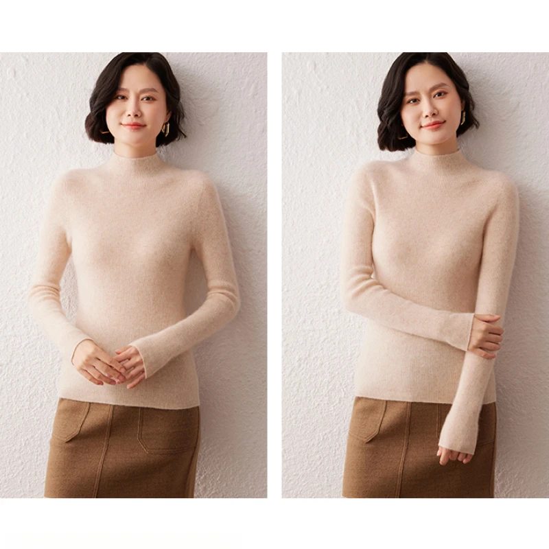 High-End Ready-To-Wear 100% Cashmere Sweater For Women Semi-High Collar Pullover Ribbed Slim-Fit Base Shirt Solid Color Sweater