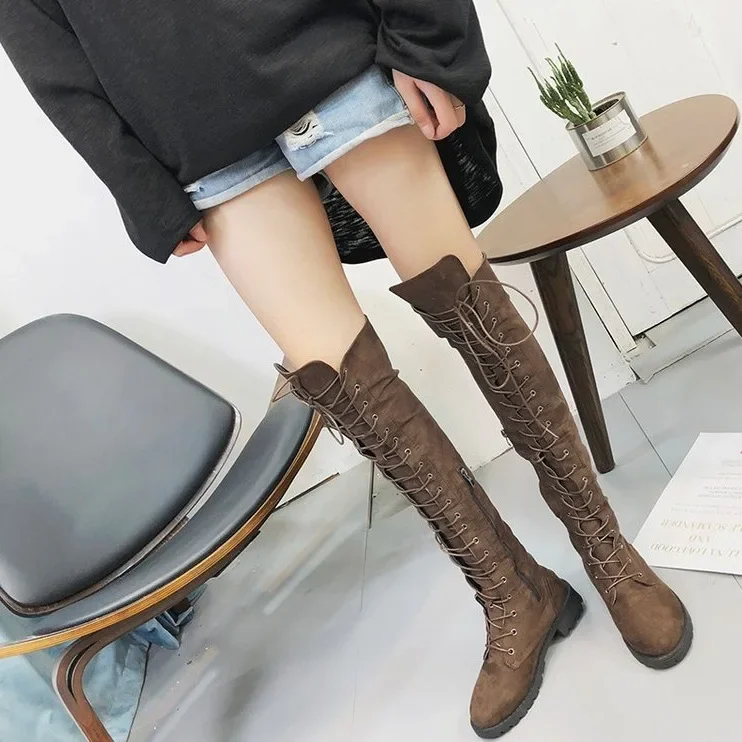 Sexy Thigh High Boots Women Western Over-the-knee Boots Rome Lace-up Low Heel Autumn Winter Boots Women Boots Shoes Plus Size