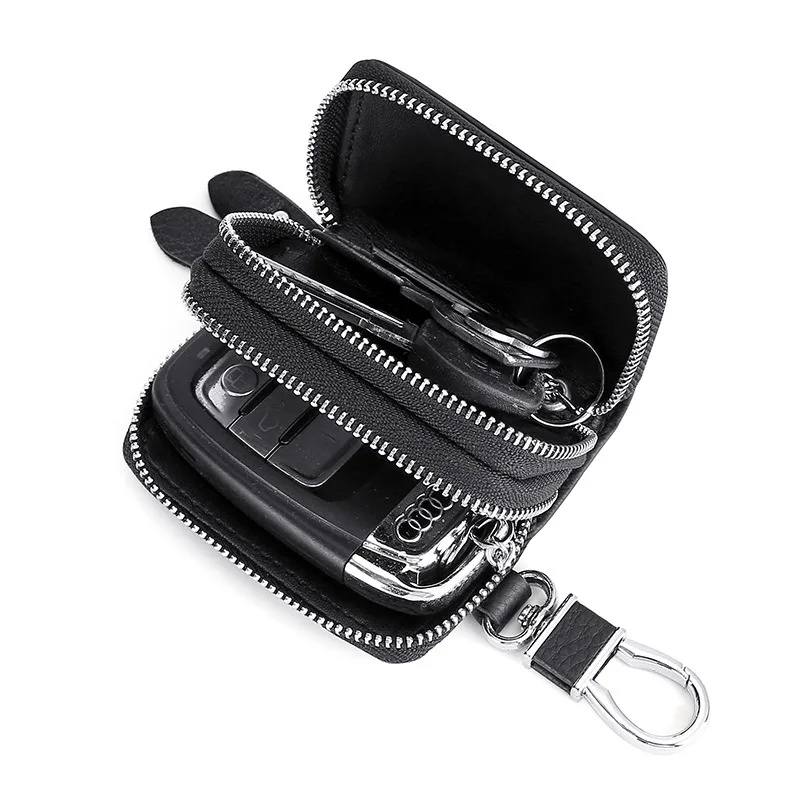 Genuine Leather Key Bag Men Fashion Vintage Mini Short Double Layer Car Household Zipper Keychain Case Waist Hanging Coin Purse