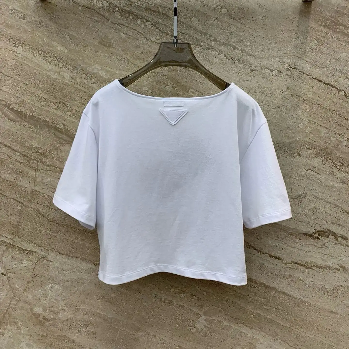 Scoop neck, letter embossed print, women's short sleeve T-shirt, back inverted triangle cotton top, five-quarter short sleeve