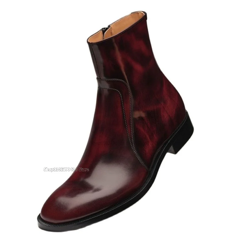 Burgandy Square Toe Wear Resistant Ankle Boots Fashion Side Zipper Men Shoes Novel Handmade Runway Party Banquet Men Dress Shoes