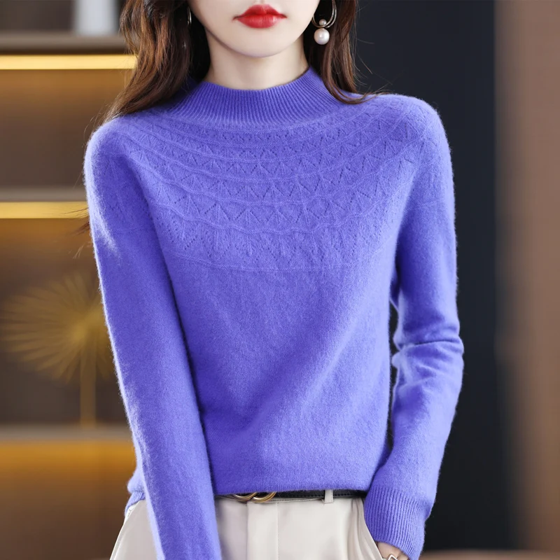 2024 new 100% merino wool semi-turtleneck sweater solid color long-sleeved women\'s knitted openwork sweater loose pullover