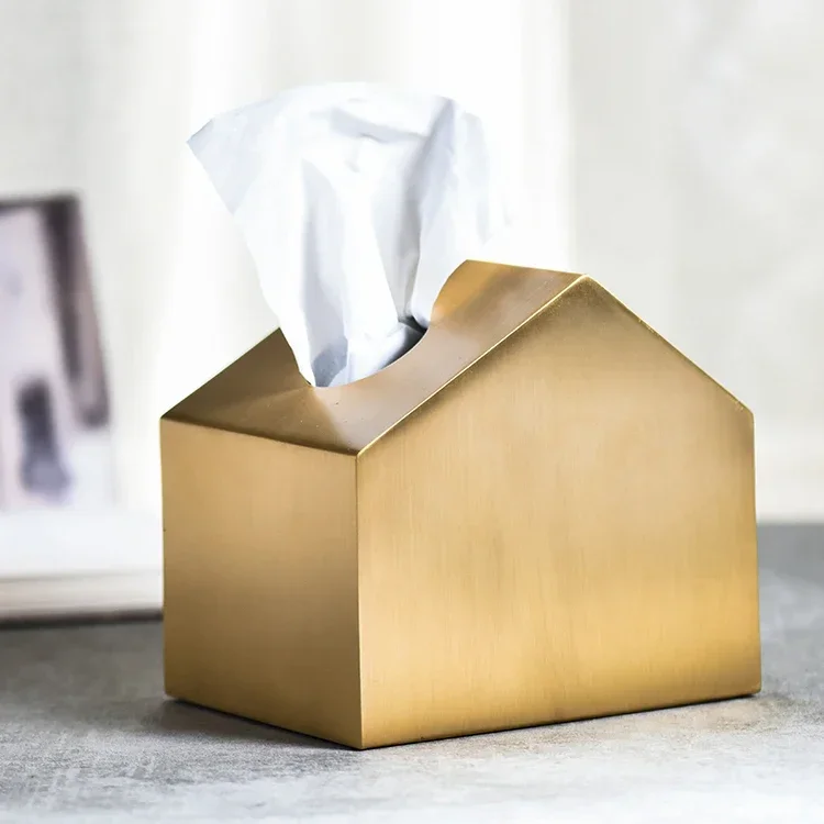 Home Small House Shaped Golden Tissue Box Brass Metal Trays Nordic Light Luxury Ornaments HD-0060