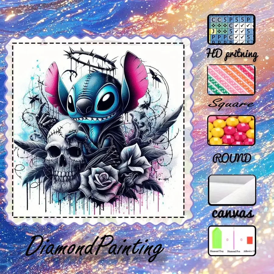 1 Stück - Potdemiel-5D-DIY - Beflockter Stoff - Spezialbohrer - Diamantmalerei-Set - Totenkopf, Rose - Diamantkunst