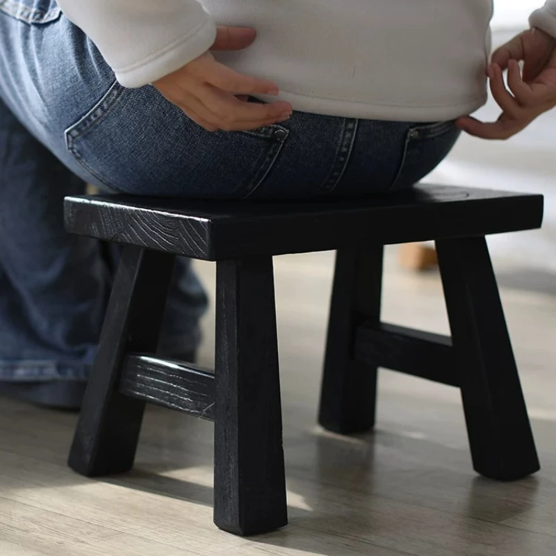 Solid Wooden Low Stool for Home Multifunctional Foot Washing Seat Black Mid-Century Dining Stool Kindergarten Children's Chair