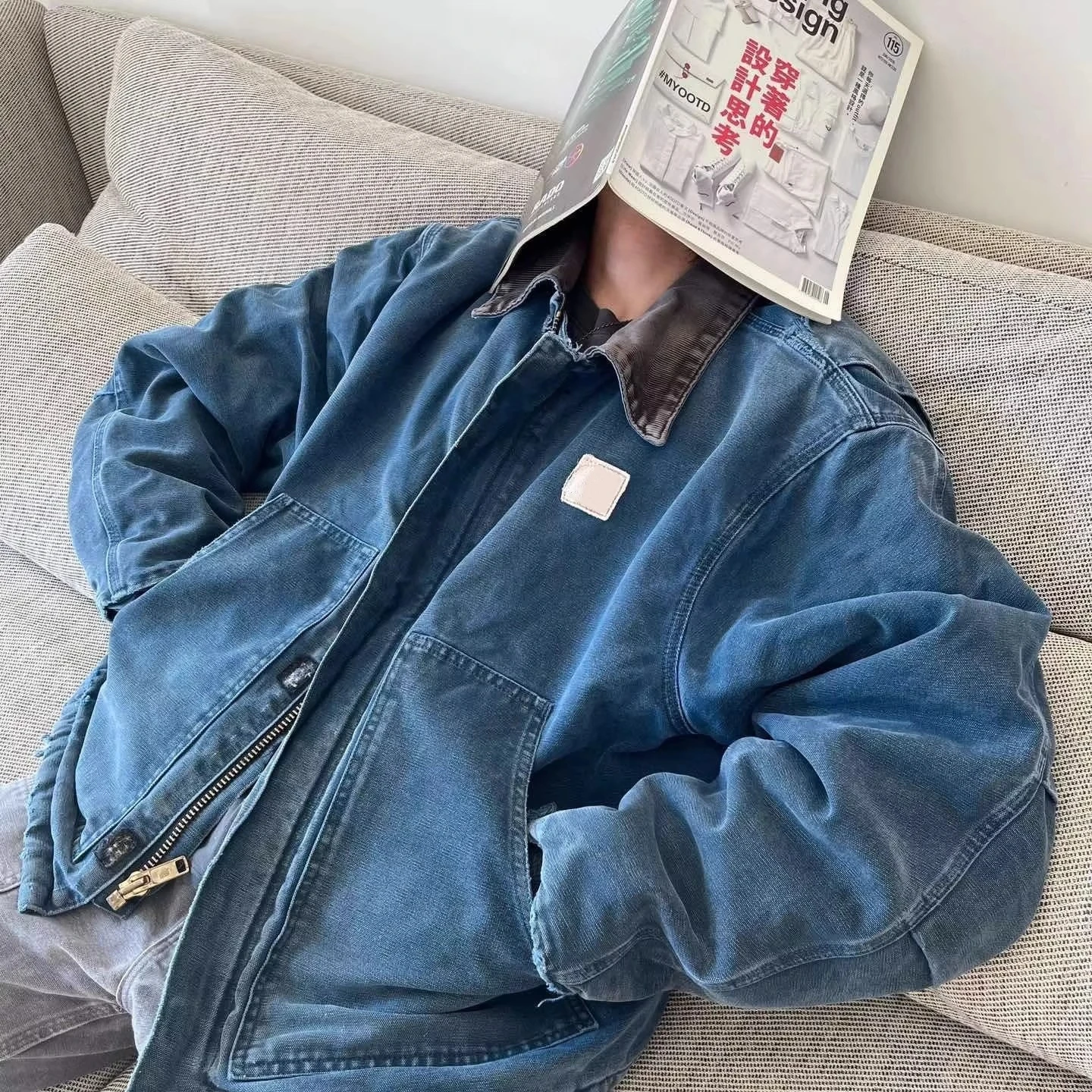 

Retro Thiened Cotton Canvas Jaet ex Loose Waed Collar Outerwear Warm Long Sve Youth Casual Sle Pure Color