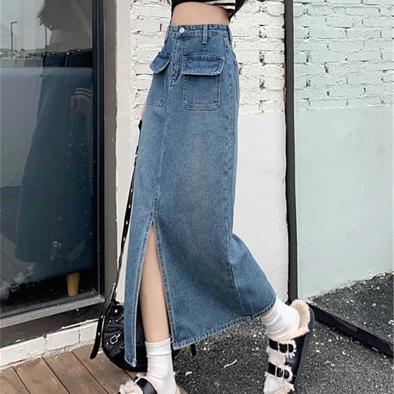 S-3xl faldas vaqueras con abertura de gran tamaño para mujer, falda vaquera azul acampanada, faldas de longitud media de cintura alta para mujer, ropa de calle