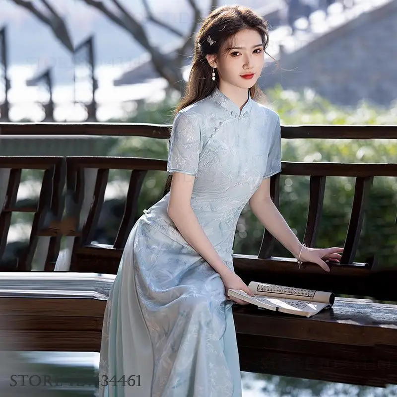 

Elegant Women Long Qipao Aodai New Chinese Style Dress Improve Cheongsam Hanfu Dresses Sexy Traditional Mandarin Collar Vestidos